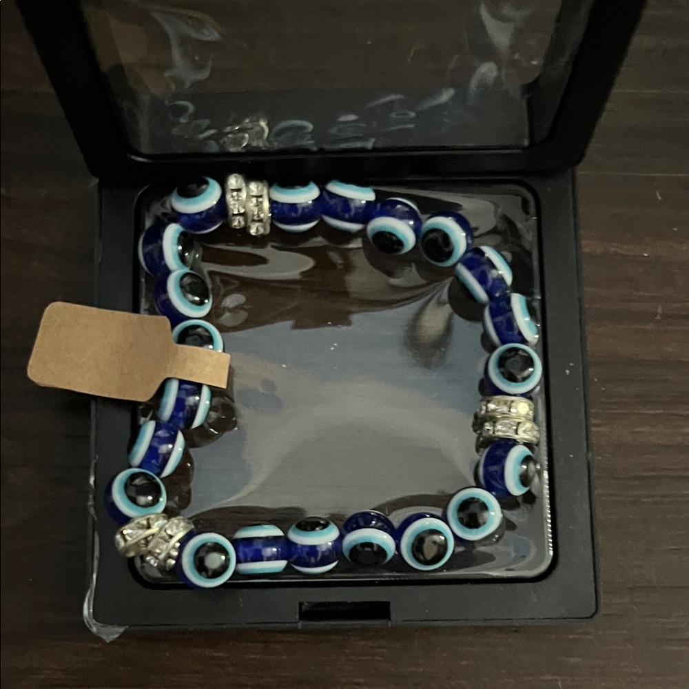 Blue Evil Eye Stretch Bracelet with Silver Accents